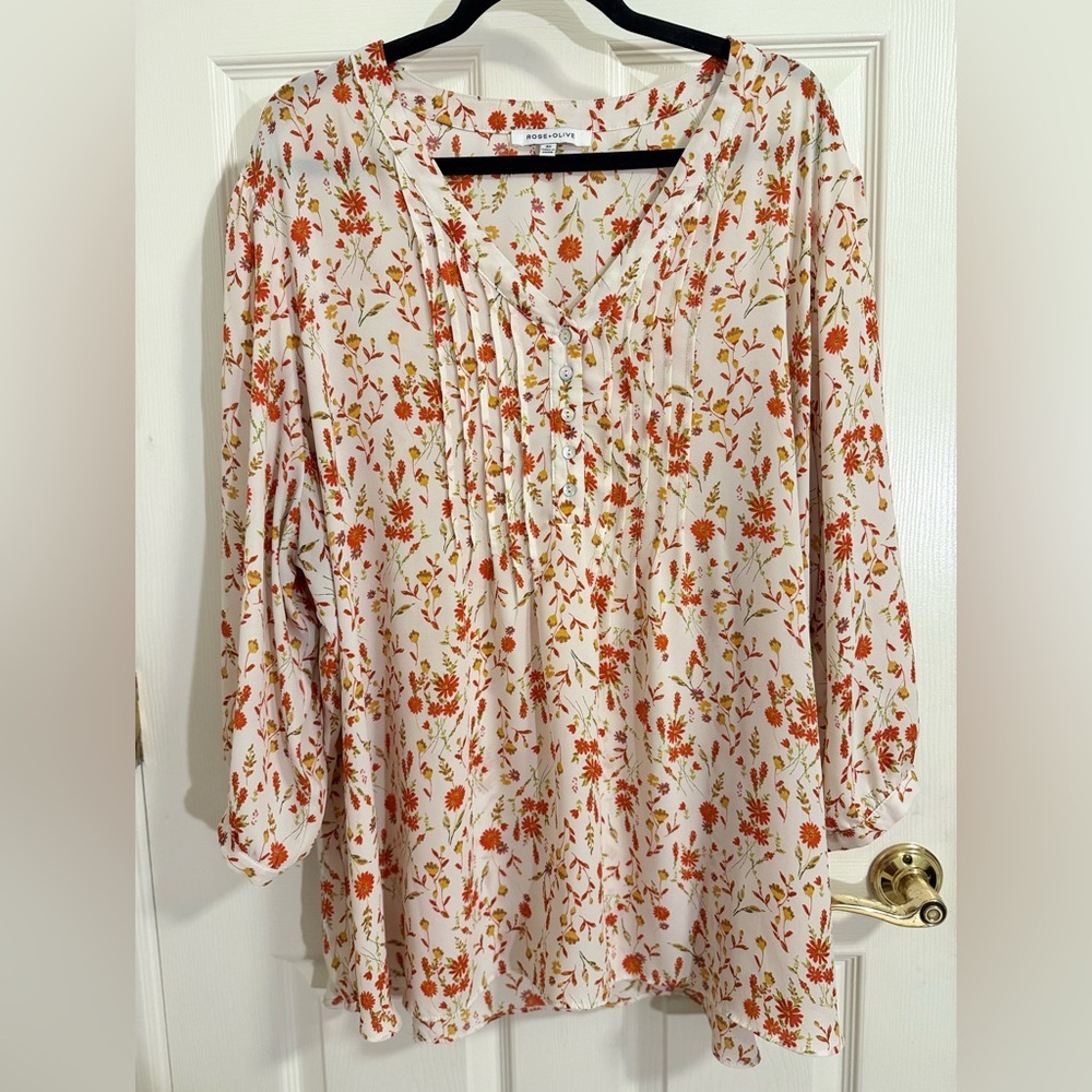 Rose & Olive Floral Blouse - Cream and Orange
